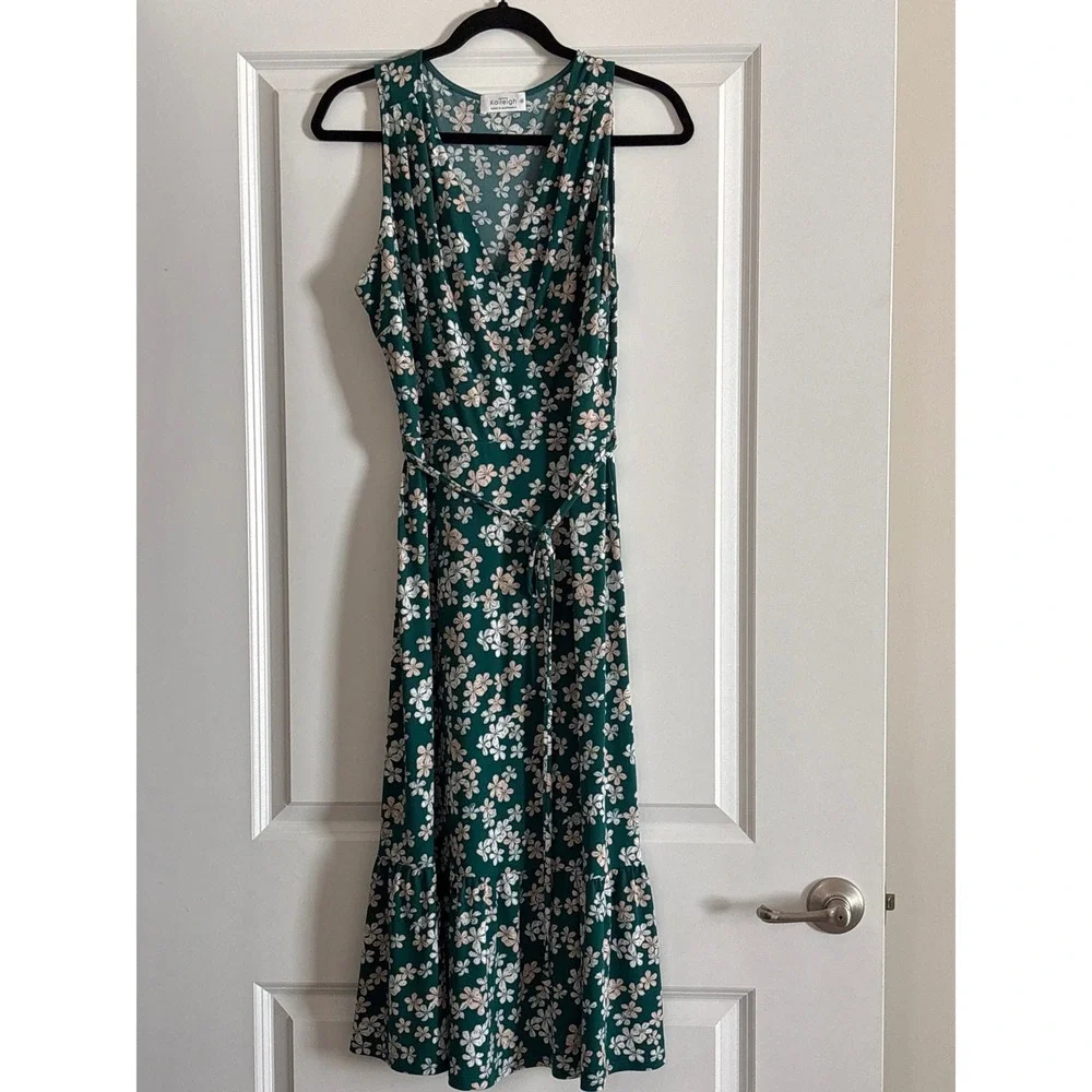 Kaileigh Green Floral Faux Wrap Midi Dress Sleeveless Ruffle Hem Size M - Picture 1 of 6